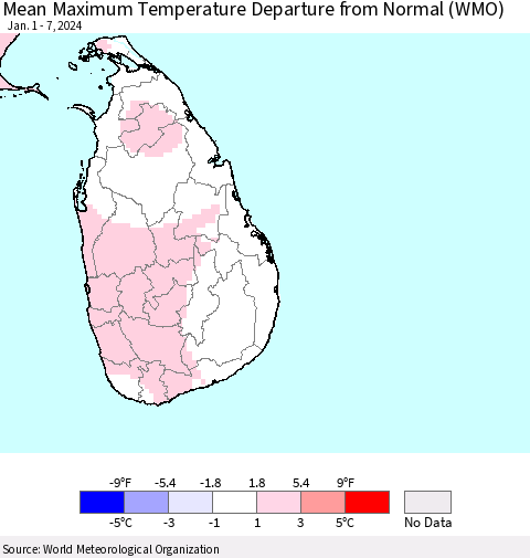 Sri Lanka Mean Maximum Temperature Departure from Normal (WMO) Thematic Map For 1/1/2024 - 1/7/2024