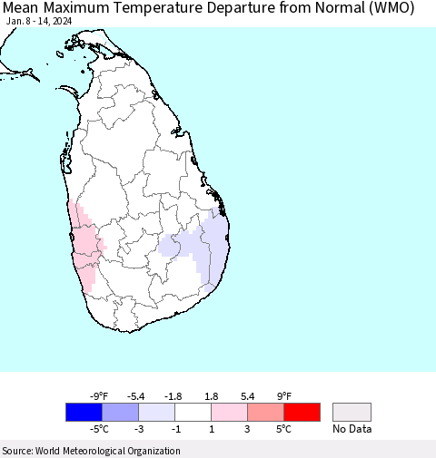 Sri Lanka Mean Maximum Temperature Departure from Normal (WMO) Thematic Map For 1/8/2024 - 1/14/2024