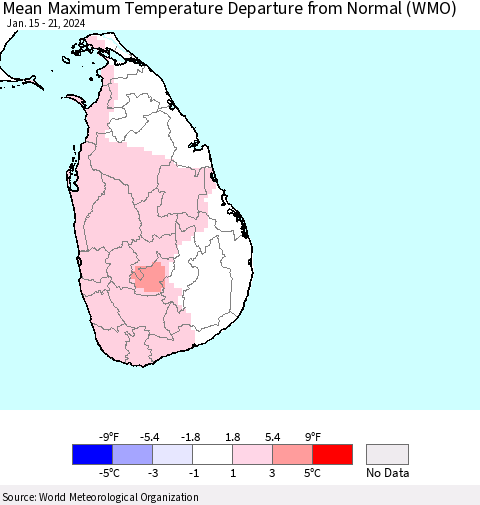 Sri Lanka Mean Maximum Temperature Departure from Normal (WMO) Thematic Map For 1/15/2024 - 1/21/2024