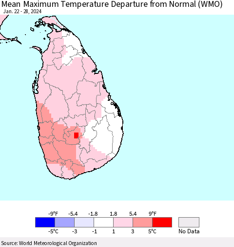 Sri Lanka Mean Maximum Temperature Departure from Normal (WMO) Thematic Map For 1/22/2024 - 1/28/2024