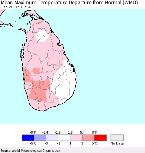 Sri Lanka Mean Maximum Temperature Departure from Normal (WMO) Thematic Map For 1/29/2024 - 2/4/2024