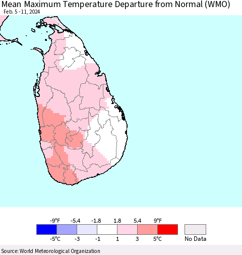 Sri Lanka Mean Maximum Temperature Departure from Normal (WMO) Thematic Map For 2/5/2024 - 2/11/2024