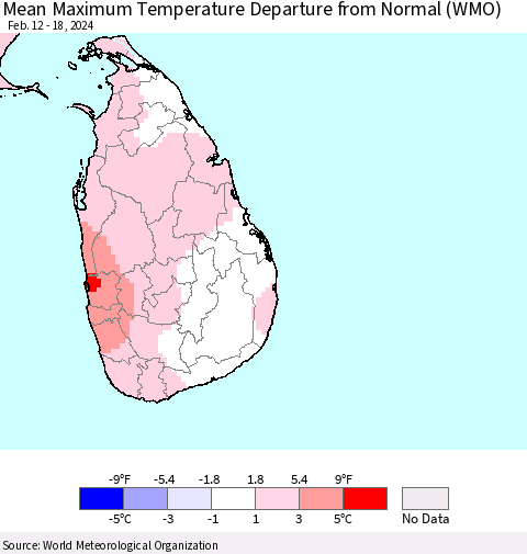 Sri Lanka Mean Maximum Temperature Departure from Normal (WMO) Thematic Map For 2/12/2024 - 2/18/2024
