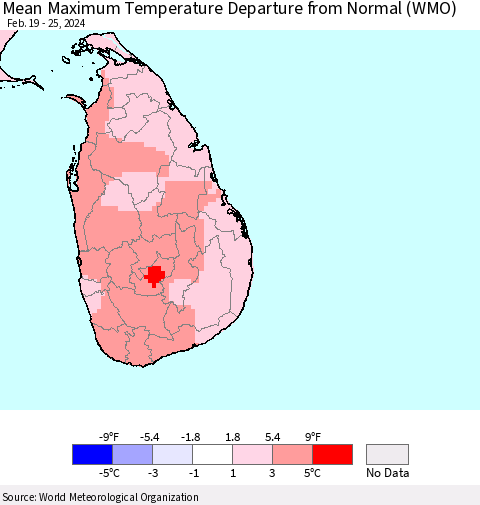 Sri Lanka Mean Maximum Temperature Departure from Normal (WMO) Thematic Map For 2/19/2024 - 2/25/2024