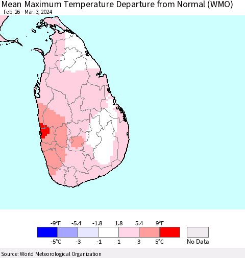 Sri Lanka Mean Maximum Temperature Departure from Normal (WMO) Thematic Map For 2/26/2024 - 3/3/2024