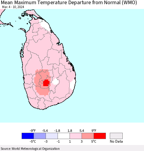 Sri Lanka Mean Maximum Temperature Departure from Normal (WMO) Thematic Map For 3/4/2024 - 3/10/2024