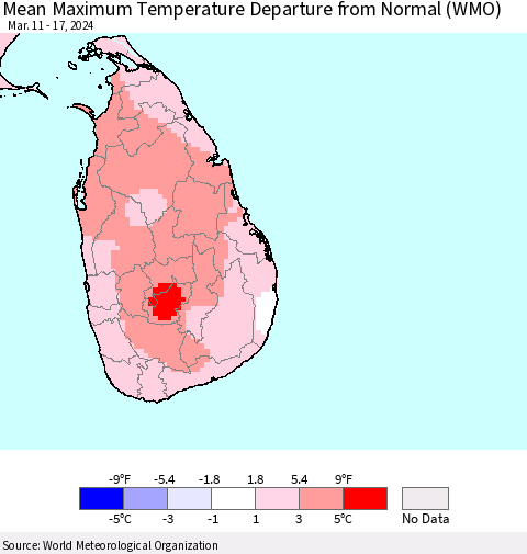 Sri Lanka Mean Maximum Temperature Departure from Normal (WMO) Thematic Map For 3/11/2024 - 3/17/2024