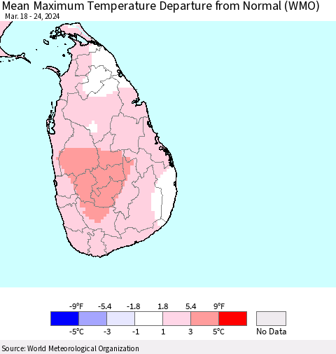 Sri Lanka Mean Maximum Temperature Departure from Normal (WMO) Thematic Map For 3/18/2024 - 3/24/2024