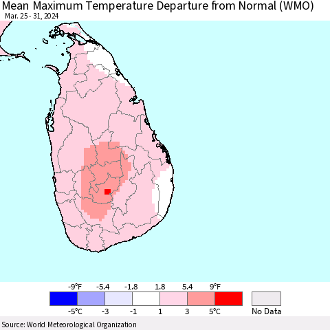 Sri Lanka Mean Maximum Temperature Departure from Normal (WMO) Thematic Map For 3/25/2024 - 3/31/2024