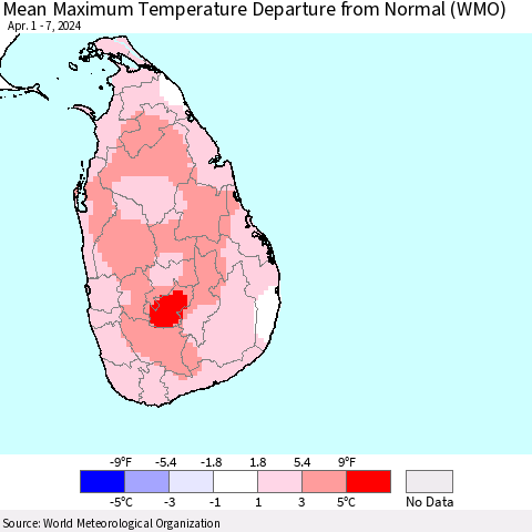 Sri Lanka Mean Maximum Temperature Departure from Normal (WMO) Thematic Map For 4/1/2024 - 4/7/2024