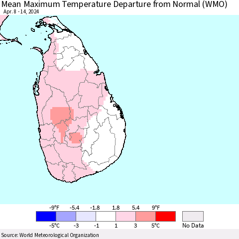 Sri Lanka Mean Maximum Temperature Departure from Normal (WMO) Thematic Map For 4/8/2024 - 4/14/2024