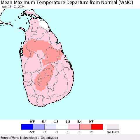 Sri Lanka Mean Maximum Temperature Departure from Normal (WMO) Thematic Map For 4/15/2024 - 4/21/2024
