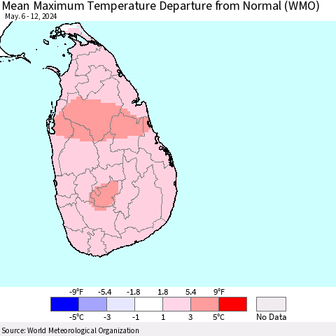 Sri Lanka Mean Maximum Temperature Departure from Normal (WMO) Thematic Map For 5/6/2024 - 5/12/2024
