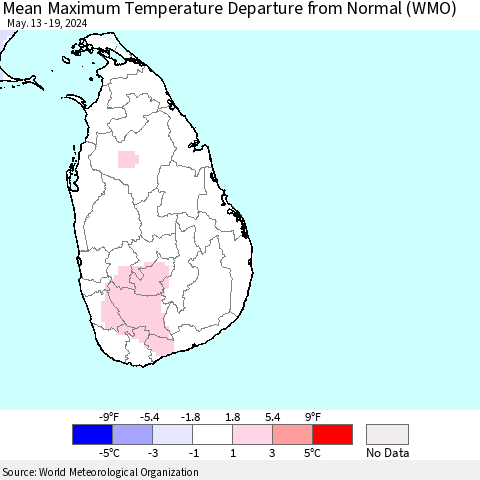 Sri Lanka Mean Maximum Temperature Departure from Normal (WMO) Thematic Map For 5/13/2024 - 5/19/2024