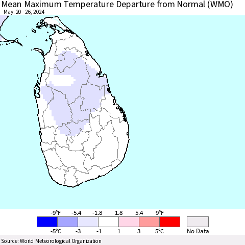Sri Lanka Mean Maximum Temperature Departure from Normal (WMO) Thematic Map For 5/20/2024 - 5/26/2024