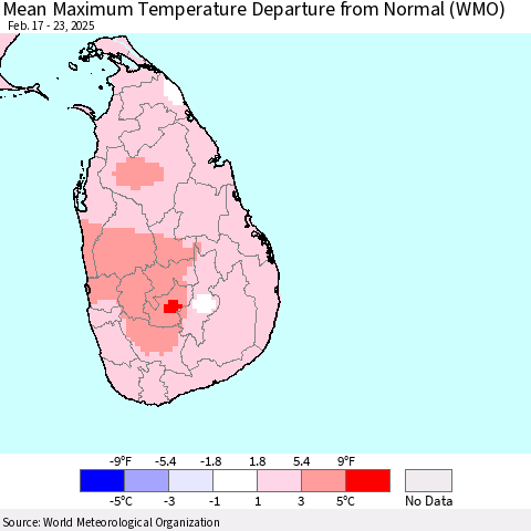 Sri Lanka Mean Maximum Temperature Departure from Normal (WMO) Thematic Map For 2/17/2025 - 2/23/2025