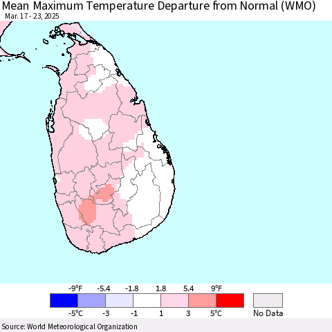 Sri Lanka Mean Maximum Temperature Departure from Normal (WMO) Thematic Map For 3/17/2025 - 3/23/2025