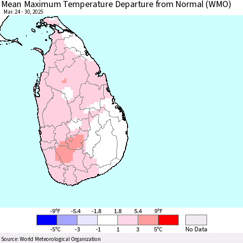 Sri Lanka Mean Maximum Temperature Departure from Normal (WMO) Thematic Map For 3/24/2025 - 3/30/2025