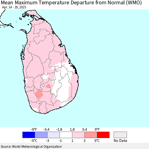 Sri Lanka Mean Maximum Temperature Departure from Normal (WMO) Thematic Map For 4/14/2025 - 4/20/2025