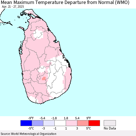 Sri Lanka Mean Maximum Temperature Departure from Normal (WMO) Thematic Map For 4/21/2025 - 4/27/2025