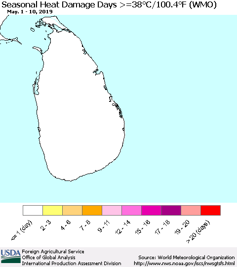 Sri Lanka Seasonal Heat Damage Days >=38°C/100.4°F (WMO) Thematic Map For 5/1/2019 - 5/10/2019