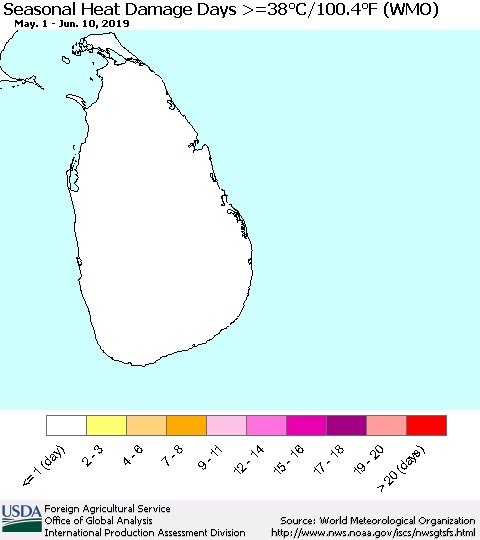 Sri Lanka Seasonal Heat Damage Days >=38°C/100.4°F (WMO) Thematic Map For 5/1/2019 - 6/10/2019