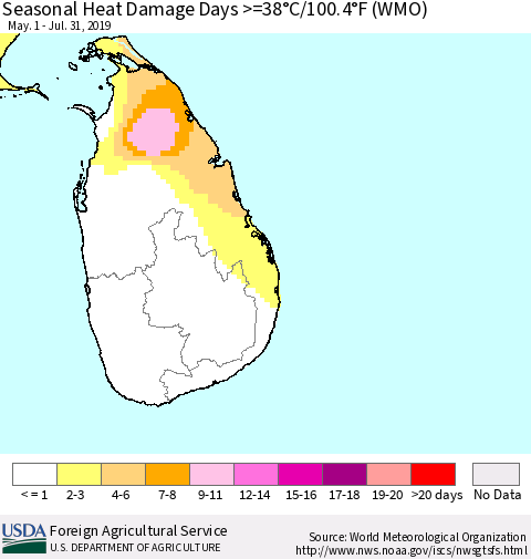 Sri Lanka Seasonal Heat Damage Days >=38°C/100.4°F (WMO) Thematic Map For 5/1/2019 - 7/31/2019