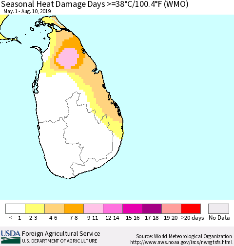 Sri Lanka Seasonal Heat Damage Days >=38°C/100.4°F (WMO) Thematic Map For 5/1/2019 - 8/10/2019