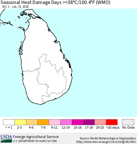 Sri Lanka Seasonal Heat Damage Days >=38°C/100.4°F (WMO) Thematic Map For 10/1/2019 - 1/31/2020