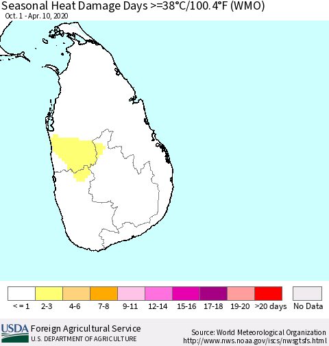 Sri Lanka Seasonal Heat Damage Days >=38°C/100.4°F (WMO) Thematic Map For 10/1/2019 - 4/10/2020