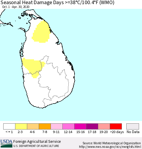 Sri Lanka Seasonal Heat Damage Days >=38°C/100°F (WMO) Thematic Map For 10/1/2019 - 4/30/2020