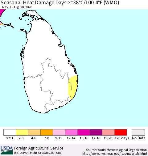 Sri Lanka Seasonal Heat Damage Days >=38°C/100.4°F (WMO) Thematic Map For 5/1/2020 - 8/20/2020
