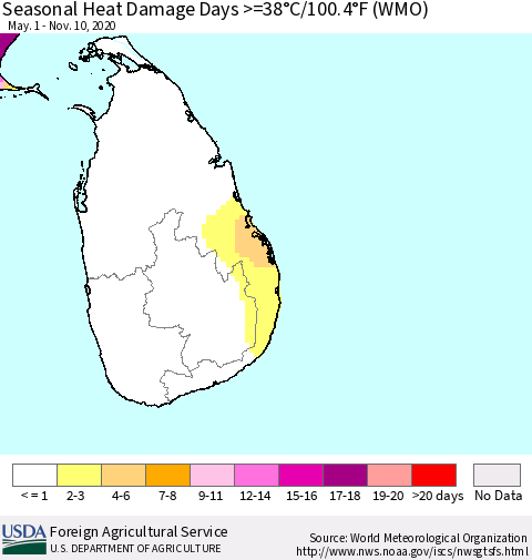 Sri Lanka Seasonal Heat Damage Days >=38°C/100°F (WMO) Thematic Map For 5/1/2020 - 11/10/2020