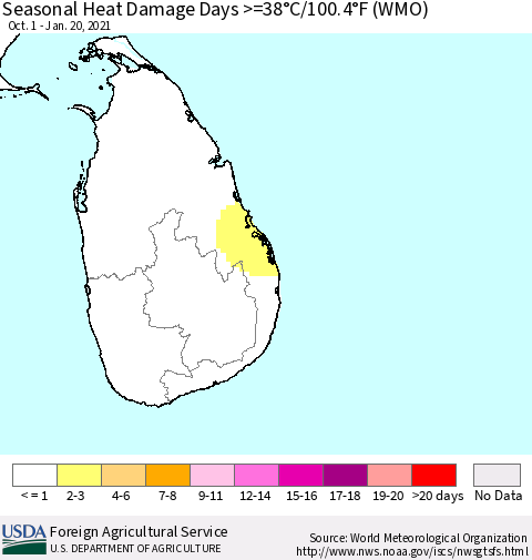 Sri Lanka Seasonal Heat Damage Days >=38°C/100.4°F (WMO) Thematic Map For 10/1/2020 - 1/20/2021