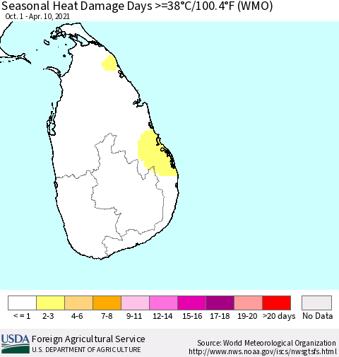 Sri Lanka Seasonal Heat Damage Days >=38°C/100.4°F (WMO) Thematic Map For 10/1/2020 - 4/10/2021