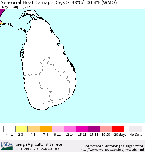 Sri Lanka Seasonal Heat Damage Days >=38°C/100°F (WMO) Thematic Map For 5/1/2021 - 8/20/2021