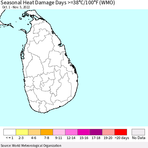 Sri Lanka Seasonal Heat Damage Days >=38°C/100°F (WMO) Thematic Map For 10/1/2022 - 11/5/2022