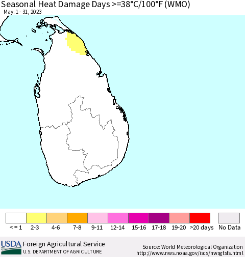Sri Lanka Seasonal Heat Damage Days >=38°C/100°F (WMO) Thematic Map For 5/1/2023 - 5/31/2023