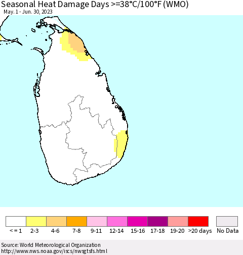 Sri Lanka Seasonal Heat Damage Days >=38°C/100°F (WMO) Thematic Map For 5/1/2023 - 6/30/2023