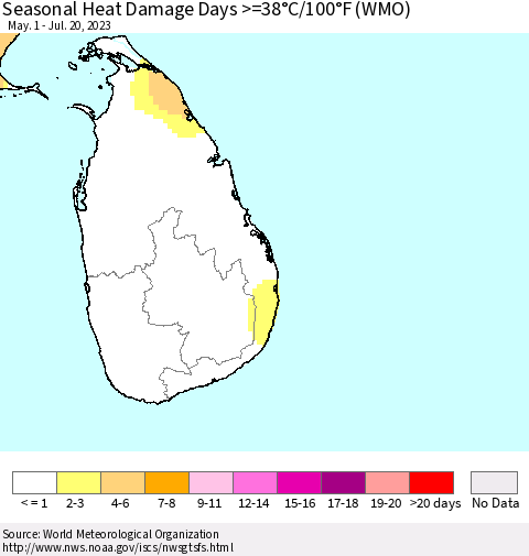 Sri Lanka Seasonal Heat Damage Days >=38°C/100°F (WMO) Thematic Map For 5/1/2023 - 7/20/2023