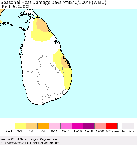 Sri Lanka Seasonal Heat Damage Days >=38°C/100°F (WMO) Thematic Map For 5/1/2023 - 7/31/2023