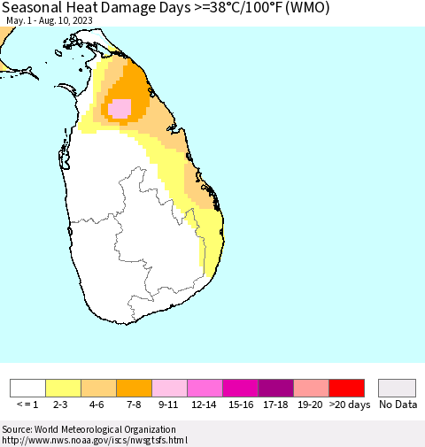 Sri Lanka Seasonal Heat Damage Days >=38°C/100°F (WMO) Thematic Map For 5/1/2023 - 8/10/2023