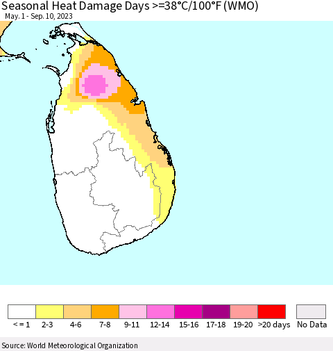 Sri Lanka Seasonal Heat Damage Days >=38°C/100°F (WMO) Thematic Map For 5/1/2023 - 9/10/2023