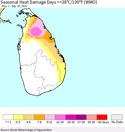 Sri Lanka Seasonal Heat Damage Days >=38°C/100°F (WMO) Thematic Map For 5/1/2023 - 9/20/2023