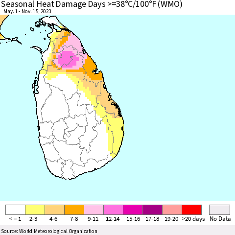 Sri Lanka Seasonal Heat Damage Days >=38°C/100°F (WMO) Thematic Map For 5/1/2023 - 11/15/2023