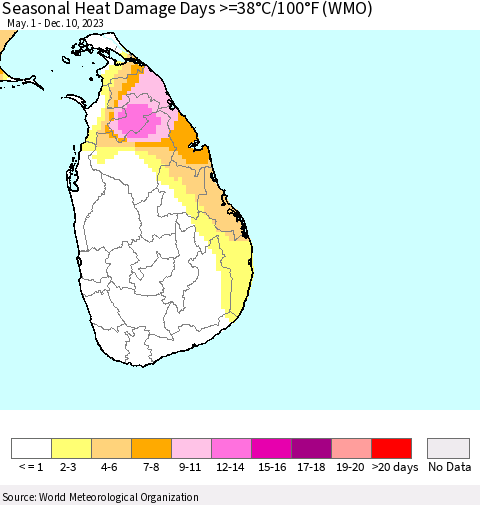 Sri Lanka Seasonal Heat Damage Days >=38°C/100°F (WMO) Thematic Map For 5/1/2023 - 12/10/2023