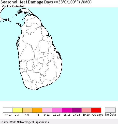 Sri Lanka Seasonal Heat Damage Days >=38°C/100°F (WMO) Thematic Map For 10/1/2023 - 1/20/2024