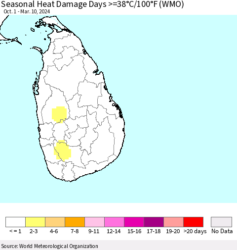 Sri Lanka Seasonal Heat Damage Days >=38°C/100°F (WMO) Thematic Map For 10/1/2023 - 3/10/2024