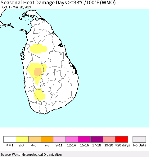 Sri Lanka Seasonal Heat Damage Days >=38°C/100°F (WMO) Thematic Map For 10/1/2023 - 3/20/2024
