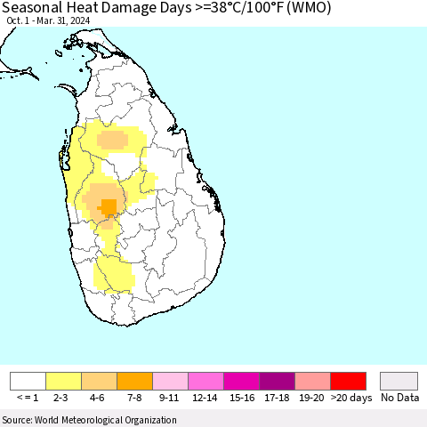 Sri Lanka Seasonal Heat Damage Days >=38°C/100°F (WMO) Thematic Map For 10/1/2023 - 3/31/2024